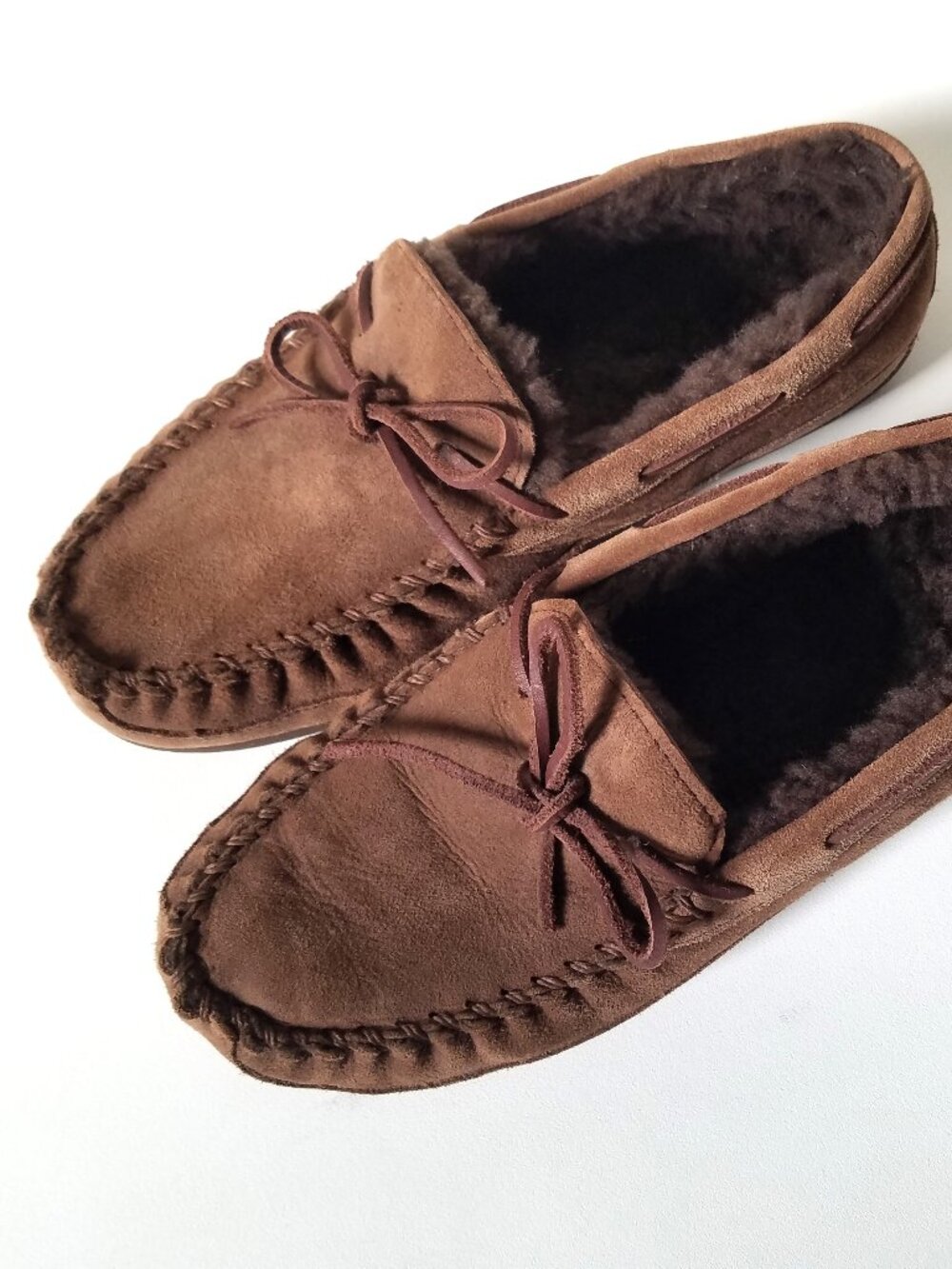 L.L. Bean Wicked Good Moccasins Genuine Suede Shearling Slippers Brown Sz 9